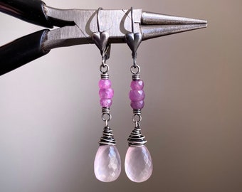 Rose Quartz Drop Earrings, Sterling Silver Heart Earrings, Ruby Gemstone Dangle Earrings, Wire Wrapped Rose Quartz Jewelry