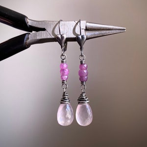 Rose Quartz Drop Earrings, Sterling Silver Heart Earrings, Ruby Gemstone Dangle Earrings, Wire Wrapped Rose Quartz Jewelry image 1