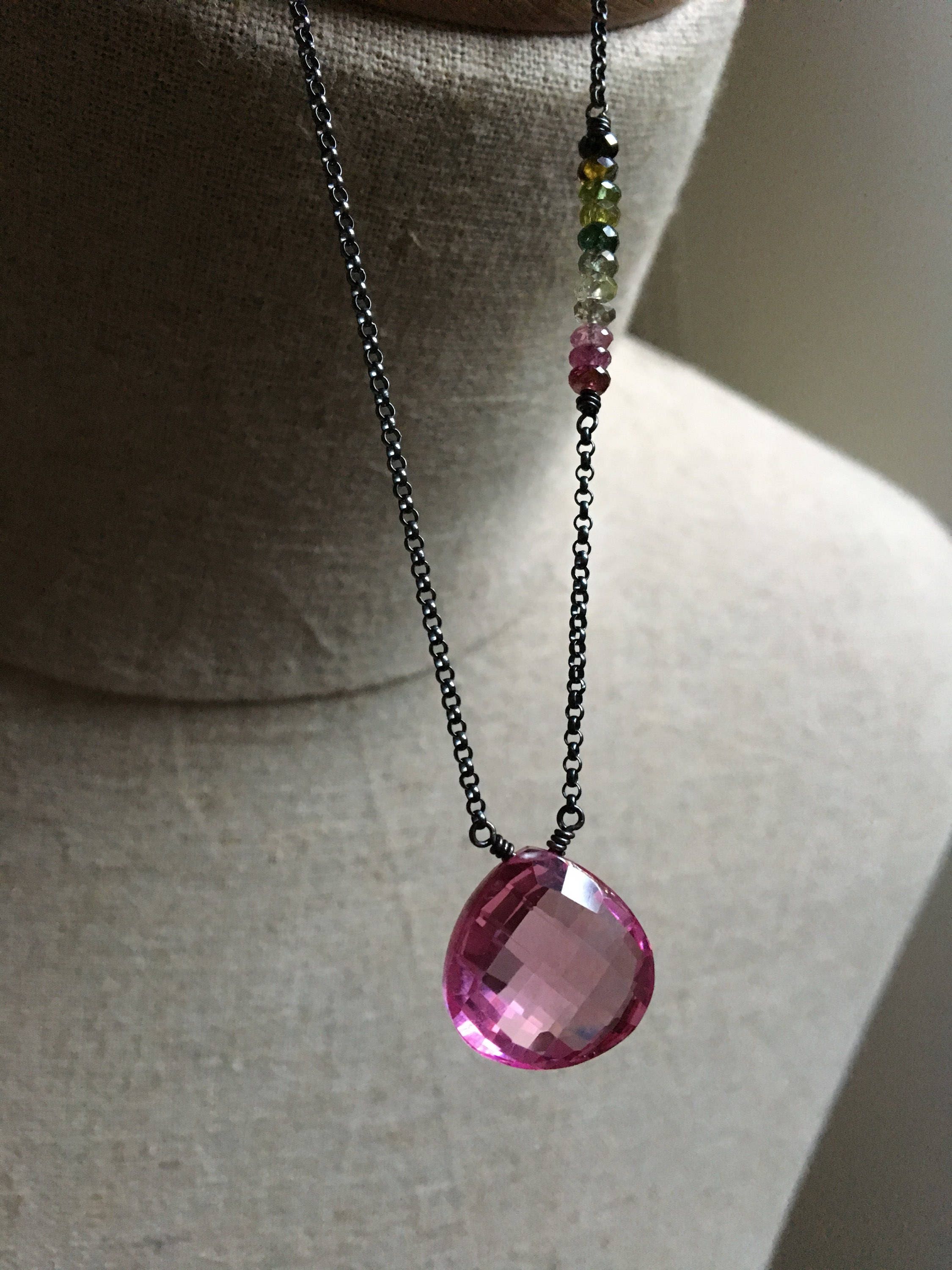 Hot Pink Quartz Necklace Rainbow Tourmaline Gemstone Pendant Etsy