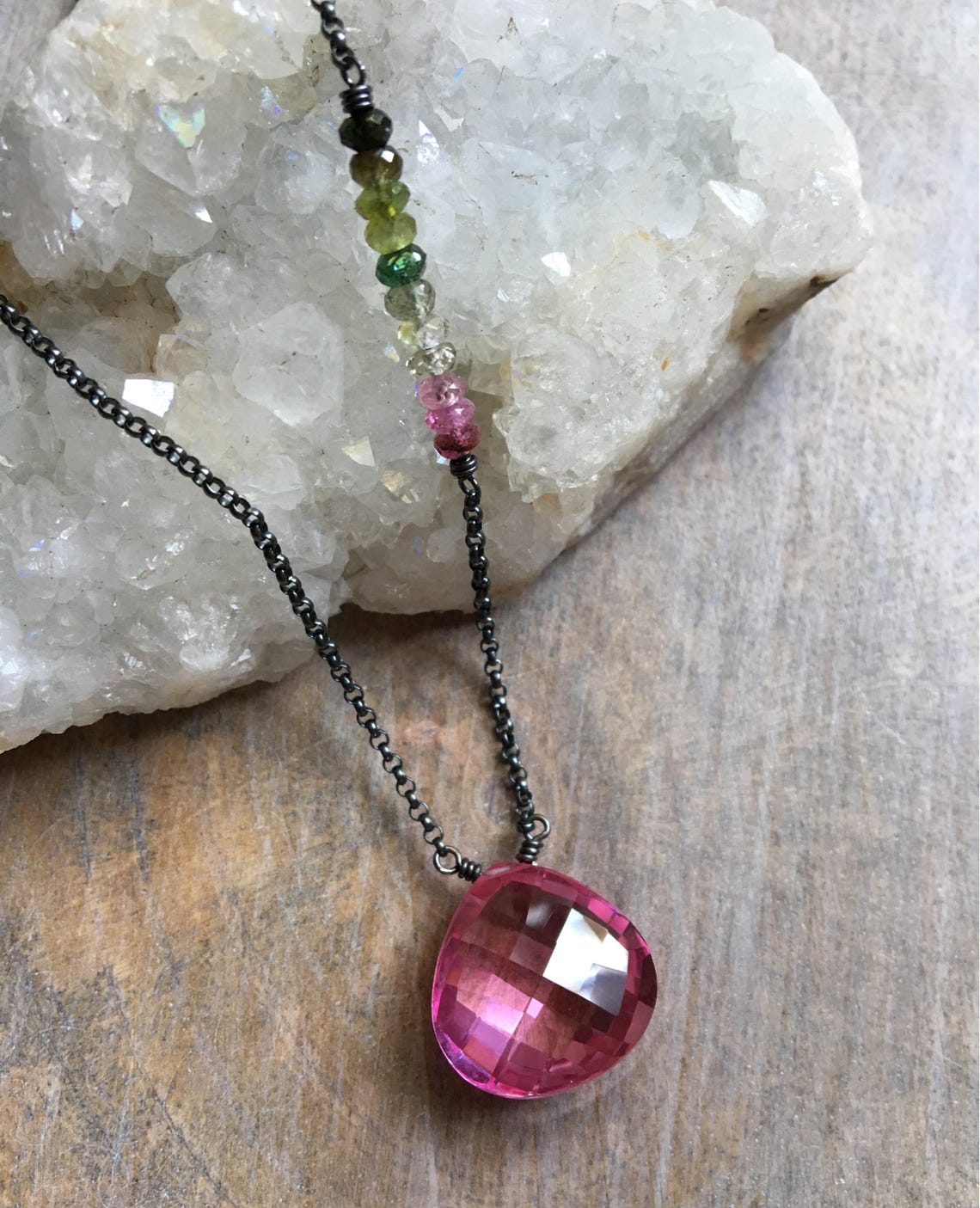 Hot Pink Quartz Necklace Rainbow Tourmaline Gemstone Pendant Etsy