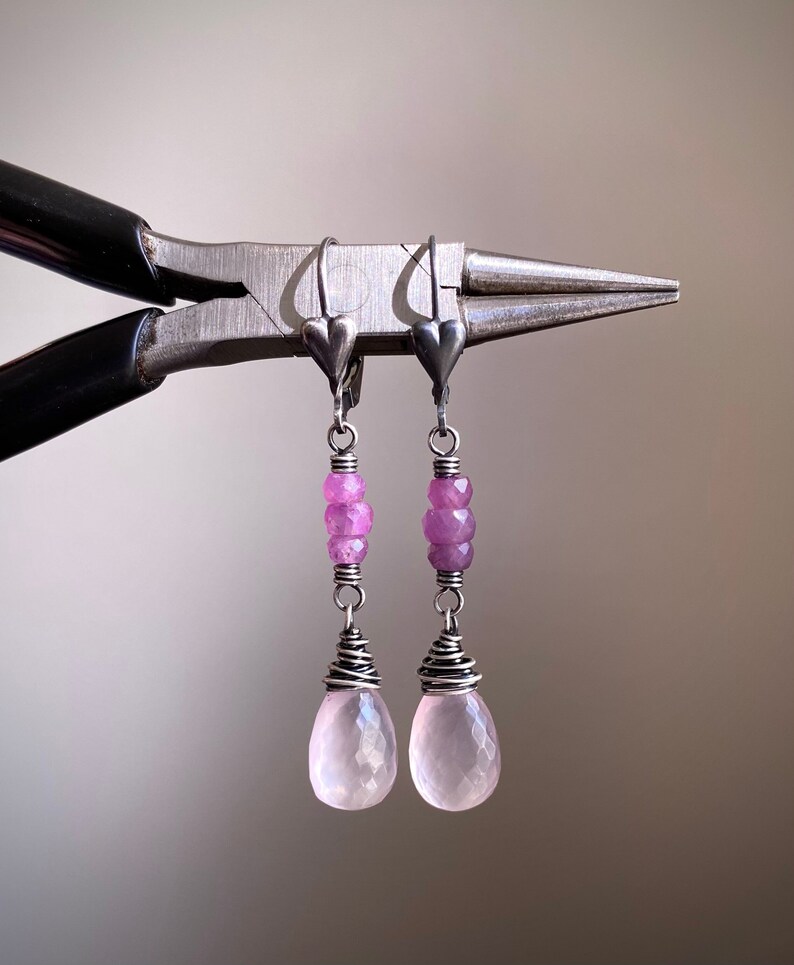 Rose Quartz Drop Earrings, Sterling Silver Heart Earrings, Ruby Gemstone Dangle Earrings, Wire Wrapped Rose Quartz Jewelry image 1