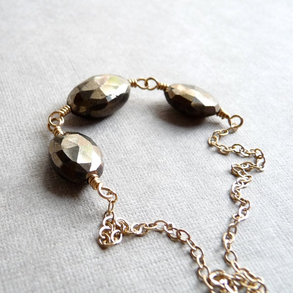 Pyrite Nugget Necklace, Faceted Pyrite Oval Necklace, Fools Gold Gemstone, Gold Filled Chain Necklace, Gemstone Jewelry, Minimal Jewelry