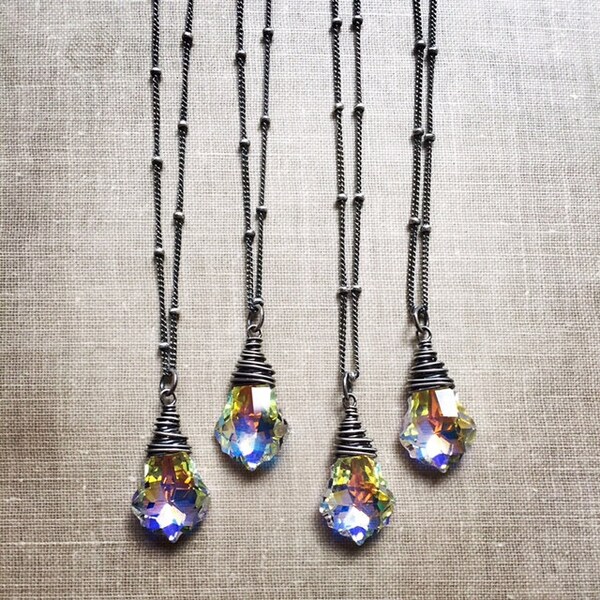 Swarovski Crystal Necklace, Rainbow Crystal Pendant, Iridescent Crystal Necklace, Silver Beaded Chain Necklace, Gift for Her