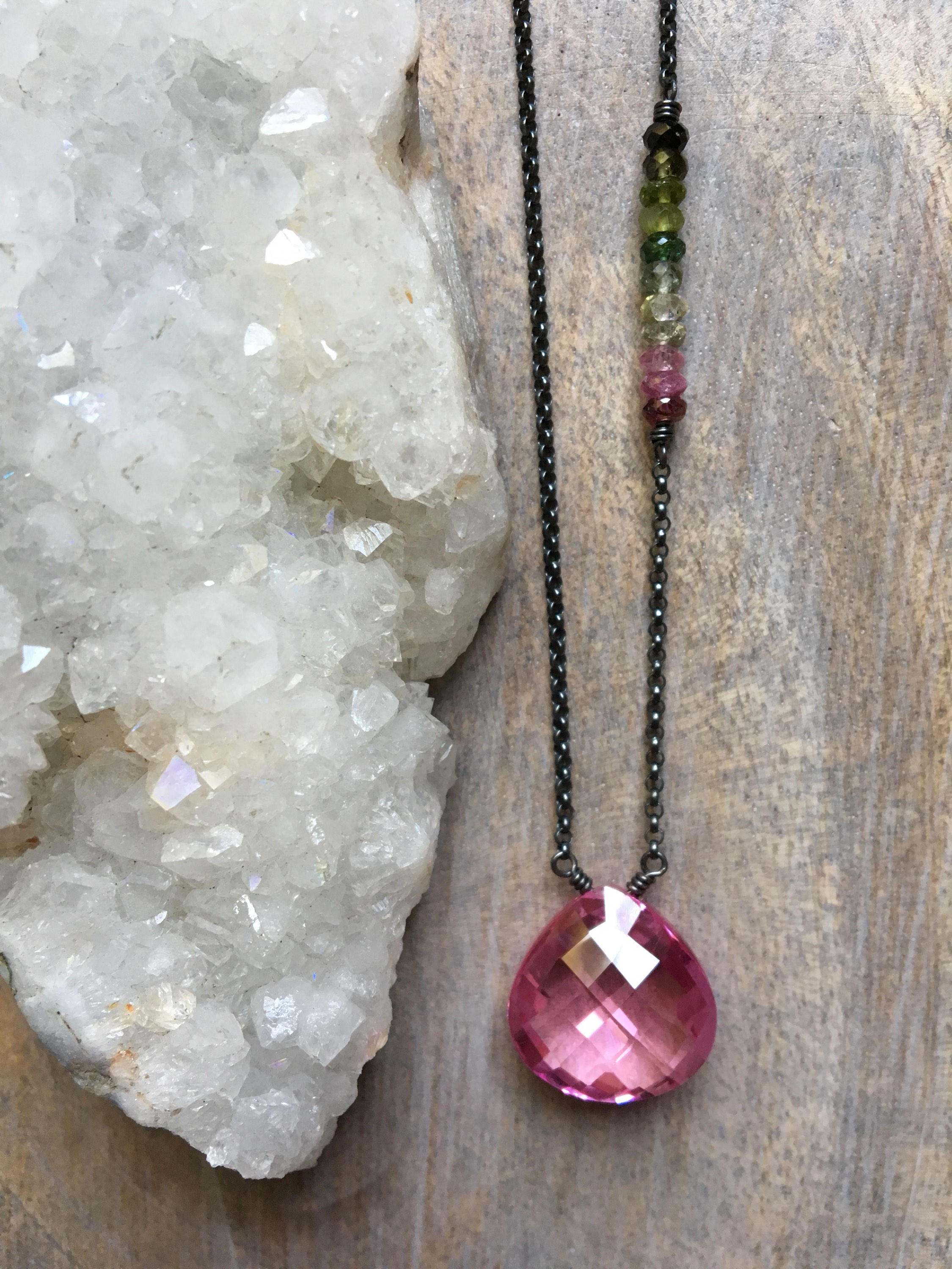 Hot Pink Quartz Necklace Rainbow Tourmaline Gemstone Pendant Etsy
