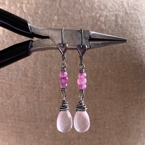 Rose Quartz Drop Earrings, Sterling Silver Heart Earrings, Ruby Gemstone Dangle Earrings, Wire Wrapped Rose Quartz Jewelry image 3