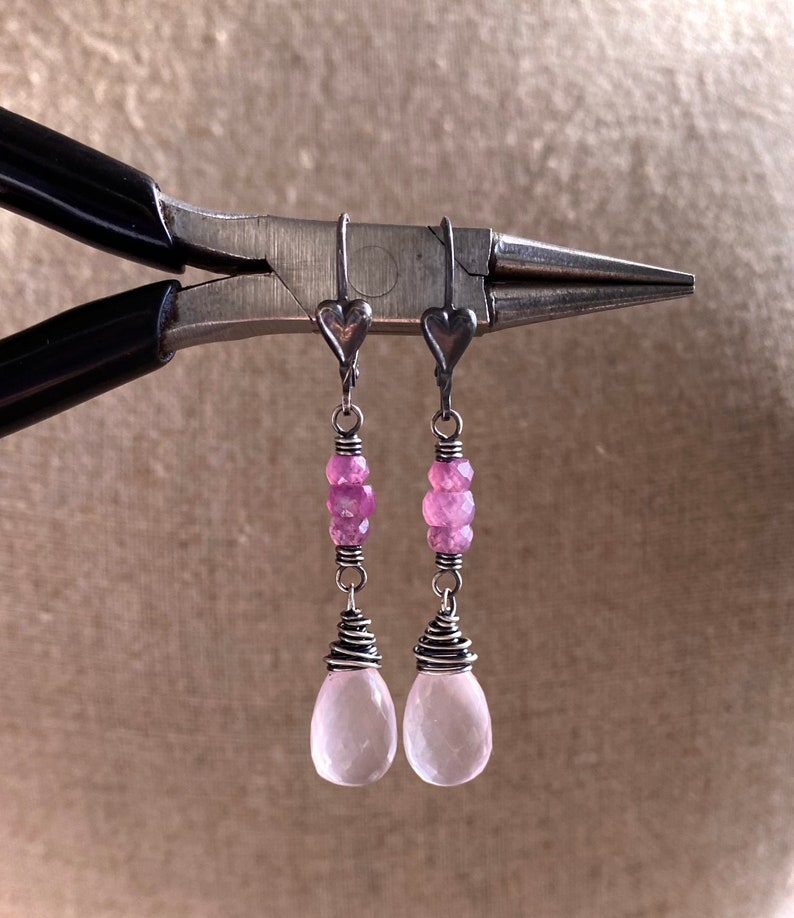 Rose Quartz Drop Earrings, Sterling Silver Heart Earrings, Ruby Gemstone Dangle Earrings, Wire Wrapped Rose Quartz Jewelry image 3