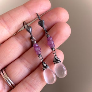 Rose Quartz Drop Earrings, Sterling Silver Heart Earrings, Ruby Gemstone Dangle Earrings, Wire Wrapped Rose Quartz Jewelry image 8