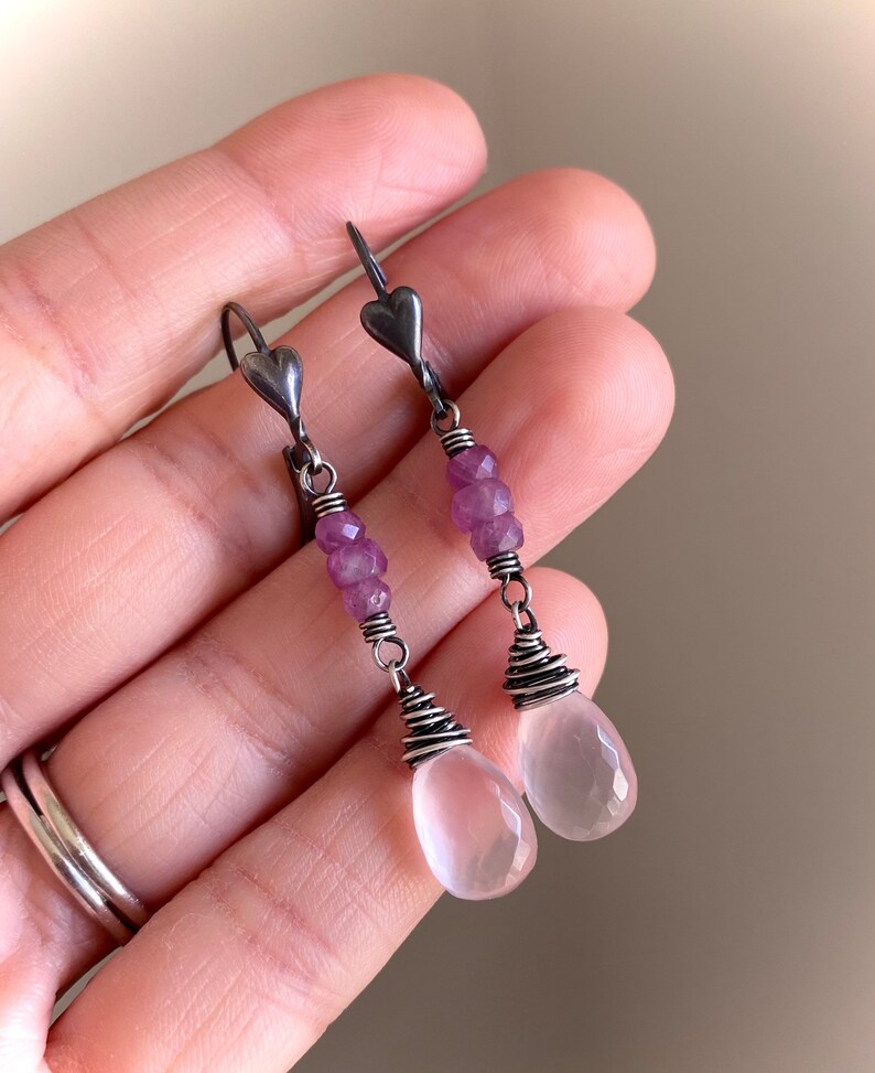 Rose Quartz Drop Earrings, Sterling Silver Heart Earrings, Ruby Gemstone Dangle Earrings, Wire Wrapped Rose Quartz Jewelry image 8