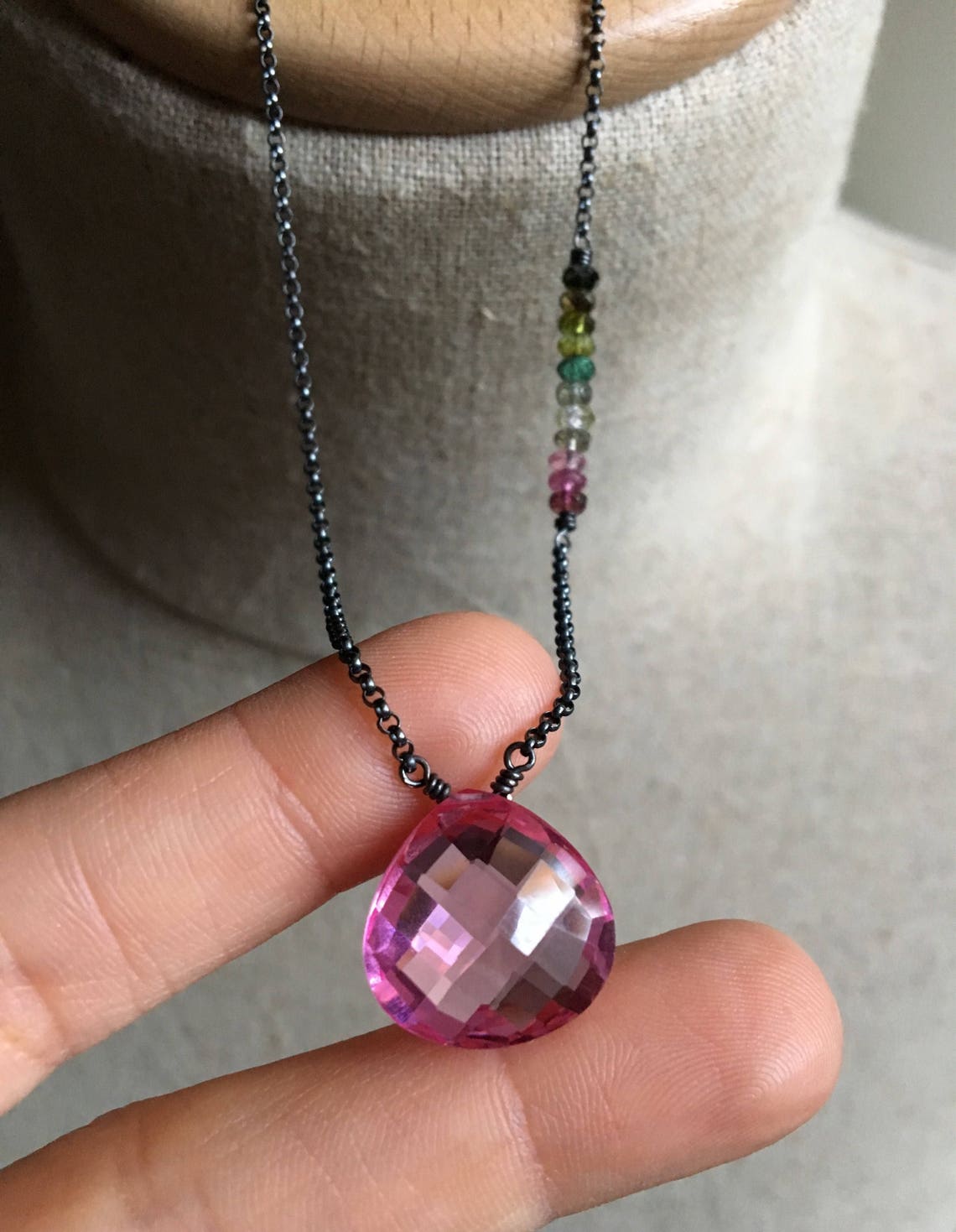Hot Pink Quartz Necklace Rainbow Tourmaline Gemstone Pendant Etsy