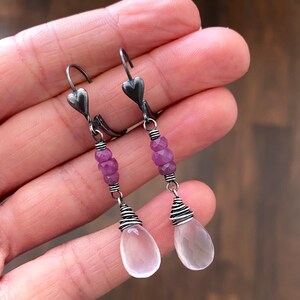 Rose Quartz Drop Earrings, Sterling Silver Heart Earrings, Ruby Gemstone Dangle Earrings, Wire Wrapped Rose Quartz Jewelry image 2