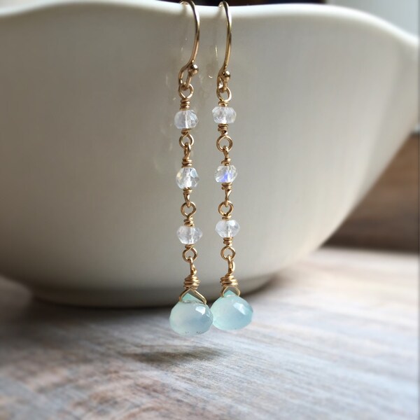 Rainbow Moonstone and Aqua Chalcedony Dangle Earrings, Wire Wrapped Moonstone Earrings, Chalcedony Earrings, Gemstone Jewelry, Gift for Her