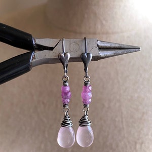 Rose Quartz Drop Earrings, Sterling Silver Heart Earrings, Ruby Gemstone Dangle Earrings, Wire Wrapped Rose Quartz Jewelry image 7