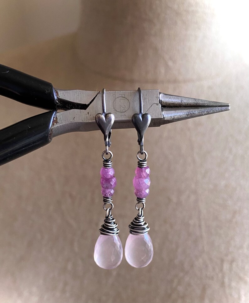 Rose Quartz Drop Earrings, Sterling Silver Heart Earrings, Ruby Gemstone Dangle Earrings, Wire Wrapped Rose Quartz Jewelry image 7