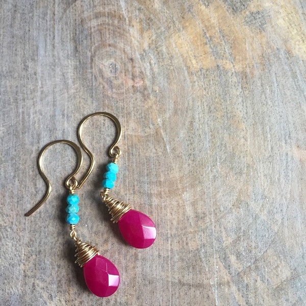 Turquoise and Pink Jade Drop Earrings, Turquoise Dangle Earrings, Fuschia Jade Briolette Earrings, Gold Wire Wrapped Earrings
