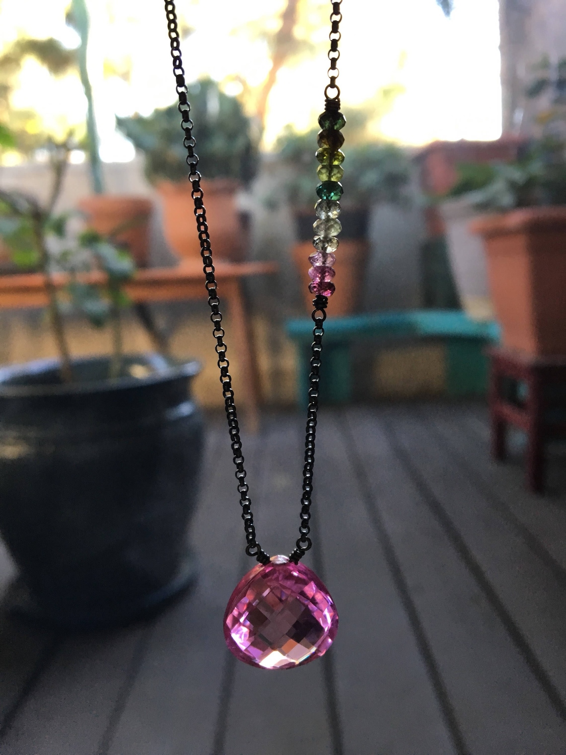Hot Pink Quartz Necklace Rainbow Tourmaline Gemstone Pendant Etsy