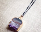 Amethyst Slice Necklace, 24k Gold Edged Plated Amethyst Pendant, Purple Amethyst Druzy, Oxidized Sterling Silver Chain