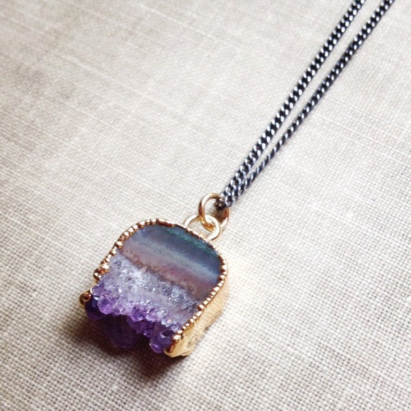 Amethyst Slice Necklace, 24k Gold Edged Plated Amethyst Pendant, Purple Amethyst Druzy, Oxidized Sterling Silver Chain