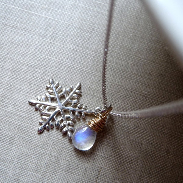 Snowflake Necklace, Rainbow Moonstone Gemstone Necklace, Sterling Silver, Mixed Metal Necklace, Winter Jewelry, Christmas Gift, Gift for Her