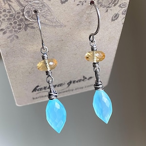 Citrine and Aqua Chalcedony Dangle Earrings, Faceted Gemstone Drop Earrings, Oxidized Sterling Silver Jewelry