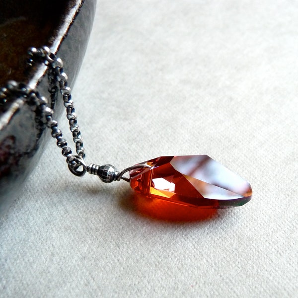 Red Swarovski Crystal Necklace, Red Crystal Necklace, Oxidized Sterling Silver Chain Necklace