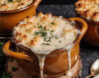 Autentica ricetta francese di zuppa di cipolle | Un classico comfort food in stile bistrot | Download digitale immediato.
