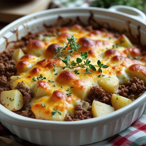 Ricetta facile per casseruola di patate e hamburger – Cibo confortante saporito e formaggioso – Cena semplice in famiglia – Scarica la ricetta digitale