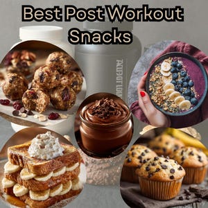 Puede incluir: Imagen que muestra varios snacks para después del entrenamiento. Incluye bolas de proteína, un tazón de batido con arándanos y rodajas de plátano, mousse de chocolate, tostadas francesas con plátanos y crema batida, y muffins con chispas de chocolate. El texto "Best Post Workout Snacks" está en la parte superior.