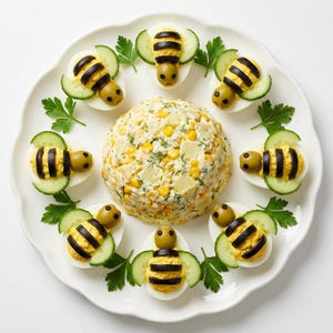 Puede incluir: Una fuente decorativa con un centro de ensalada de patatas rodeado de huevos rellenos diseñados creativamente como abejas. Cada huevo abeja tiene rayas de aceitunas negras, cabezas de aceitunas y alas de pepino, creando una presentación de comida caprichosa.
