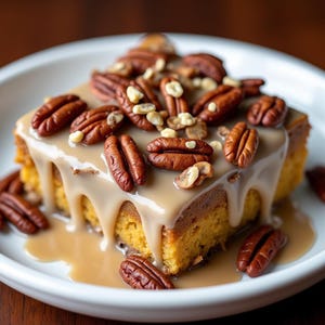 Peut inclure: Une part carrée de gâteau à la citrouille recouverte d'un glaçage au caramel et aux noix de pécan. Le gâteau est sur une assiette blanche avec des noix de pécan supplémentaires éparpillées autour.