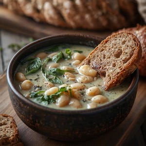 以下が含まれることがあります： 新鮮なバジルを添えた、クリーミーな白豆スープのボウルをクローズアップ。厚切りのトーストしたパンがボウルの側面に寄りかかっています。スープは濃い茶色のボウルに入っています。