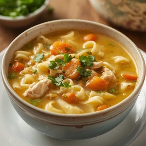 Könnte beinhalten: Eine Schüssel Hühnersuppe mit Eiernudeln, Karotten, Hühnchen und Petersilie. Die Suppe befindet sich in einer hellblauen Schüssel auf einem weißen Teller. Die Suppe hat eine gelbe Brühe.