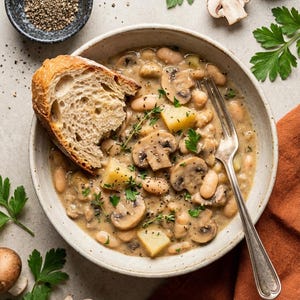 Könnte beinhalten: Eine Schüssel mit cremiger Weißbohnensuppe mit geschnittenen Pilzen, Kartoffeln und Kräutern. Eine Scheibe knuspriges Brot liegt am Rand der Schüssel. Eine kleine Schüssel mit Pfefferkörnern und eine Gabel befinden sich in der Nähe.