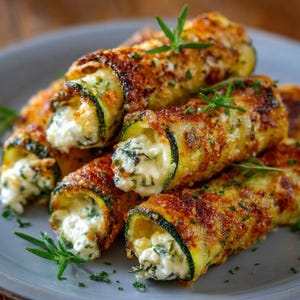 Op de afbeelding: Een close-up van courgetterolletjes gevuld met een romige witte kaas en kruiden. De courgette is gesneden en gerold, vervolgens goudbruin gebakken. Takjes rozemarijn garneren het gerecht, dat op een grijze plaat wordt geserveerd.