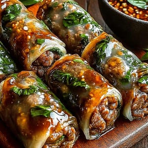 Op de afbeelding: Close-up van verschillende loempia's met een doorschijnende wikkel, gevuld met vlees en verse groene kruiden. De rollen zijn overgoten met een glanzende, bruine saus en gerangschikt op een houten plank. Een kleine kom met dipsaus is zichtbaar op de achtergrond.