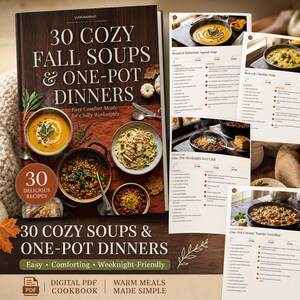 Peut inclure: Un livre de cuisine numérique PDF intitulé 30 Cozy Fall Soups & One-Pot Dinners avec un fond en bois sombre, des images de soupes et de plats de pâtes, et des pages de recettes imprimées détaillant les ingrédients pour des plats comme le chili.