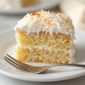 Peut inclure: Une part de gâteau à la noix de coco sur une assiette blanche avec une fourchette. Le gâteau est composé de couches de génoise jaune, de glaçage blanc et garni de noix de coco râpée. La fourchette est en argent.