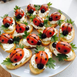 Puede incluir: Un plato de aperitivos con forma de mariquitas. Cada mariquita está hecha de tomates cherry cortados por la mitad con manchas de aceitunas negras y una cabeza de aceituna negra, sobre una base de queso crema blanco y perejil en rebanadas de pan tostado.