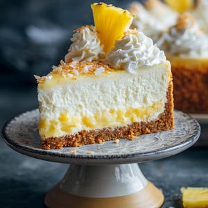 Peut inclure: Une part de cheesecake à l'ananas sur un présentoir à gâteau décoratif. Le dessert comprend une base de biscuit, une garniture blanche crémeuse et une couche d'ananas. De la crème fouettée et une tranche d'ananas garnissent le dessus. Des flocons de noix de coco sont saupoudrés.