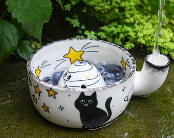 Bol de cerámica con forma de estrella de gato negro, colador para frutas, pintado a mano, decoración de cocina con gatito espacial, regalo para amantes de los gatos