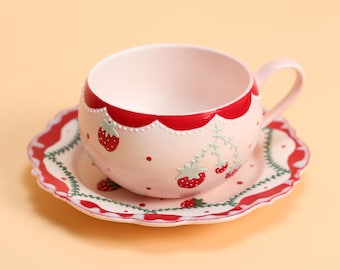 Handgemaakte aardbeienthee kop en schotel set schattig aardbei bord coquette soiree aardewerk kopje charmante keramische mok esthetische drinkgerei Y2K