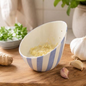 Può includere: Una ciotola in ceramica con bordo inclinato e strisce verticali azzurre su sfondo bianco. L'interno presenta una superficie ruvida per grattugiare, con due piccoli fori vicino al bordo superiore. La ciotola contiene dello zenzero grattugiato.