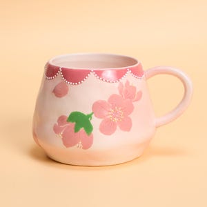 Sakura Ceramic Mug Handmade Pink Cherry Blossom Mug Spring Tea Cup Kawaii Pottery Scalloped Rim Gift for Her Pastel