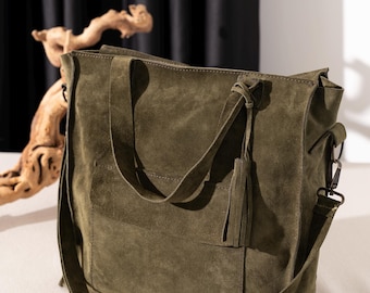 Khaki Green Suede Leather Bag: Women&#39;s Crossbody Tote