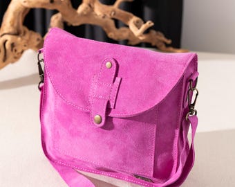 Pink Suede Leather Shoulder Bag: Neferu Design