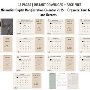 Puede incluir: Un calendario digital imprimible para 2025 con un diseño minimalista. Cada mes está en una página separada con un fondo beige y texto negro. El calendario incluye una sección para establecer objetivos y llevar un diario de sueños.