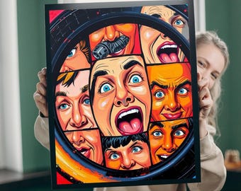 以下が含まれることがあります： 円形に配置された複数の顔を描いた、カラフルなポップアートスタイルのイラスト。顔はそれぞれ異なる表情をしていて、笑顔、驚き、しかめっ面などがあります。背景は濃い青色で、中央には黄色とオレンジ色の円があります。