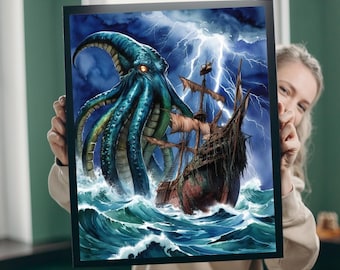 May include: A dark blue and green octopus with glowing red eyes attacks a wooden sailing ship in a stormy sea with lightning strikes. The ship is partially submerged in the water.