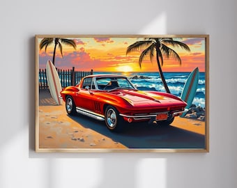 Vintage Muscle Car Puzzle, 1963 Stingray by the Ocean, Classic Car and Beach Sunset Scene Jigsaw Game, Retro Gift for Him, Mindful