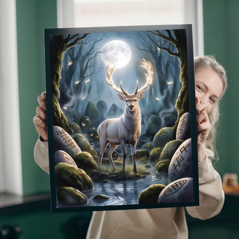 Op de afbeelding: Een ingelijste kunstdruk met een majestueuze witte hert met gloeiend gewei in een maanverlicht bos. Het kunstwerk bevat een volle maan, water en oude stenen met markeringen. De print wordt door een persoon vastgehouden.