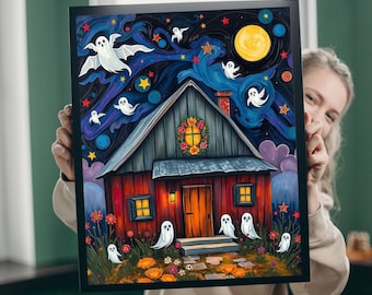 May include: A framed Halloween-themed art print featuring a whimsical illustration of a red house with ghosts, a full moon, and a starry night sky. The house has a wooden door and windows, surrounded by flowers.